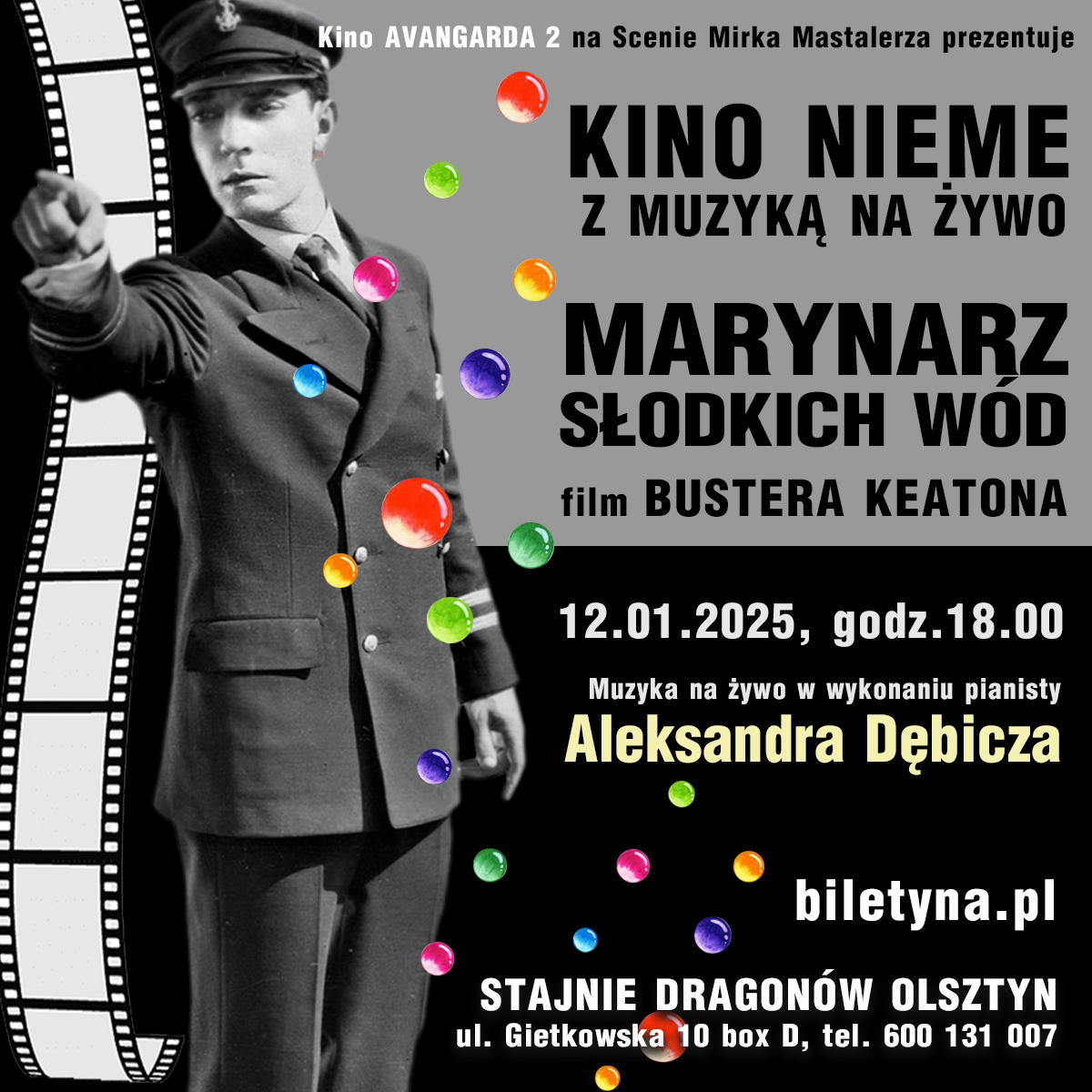 You are currently viewing „Marynarz słodkich wód” Bustera Keatona – Kino nieme z muzyką na żywo – pianista Aleksander Dębicz w ramach cyklu Kino Avangarda 2 na Olsztyńskiej Scenie Mirka Mastalerza