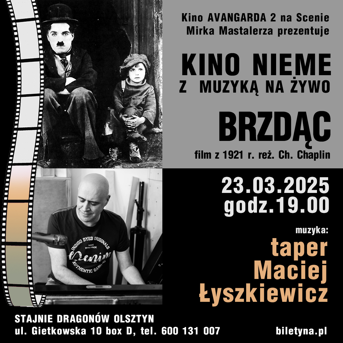 You are currently viewing Kino nieme z muzyka na żywo – „Brzdąc” Charlie Chaplina – muzyka Maciej Łyszkiewicz (taper) –  w ramach cyklu Kino Avangarda 2 na Olsztyńskiej Scenie Mirka Mastalerza